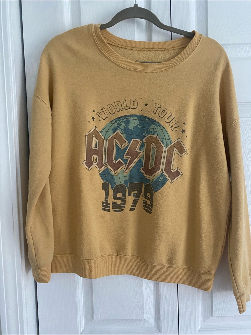 AC/DC Mustard Crewneck Sweatshirt with 1979 World Tour Graphic